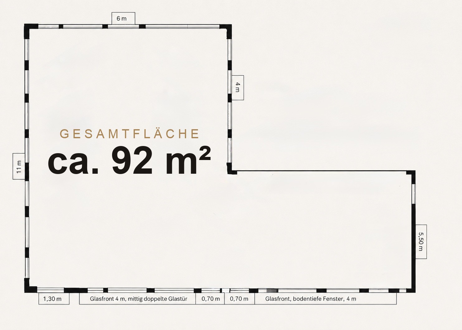 Grundriss der Eventlocation in Weißenthurm – L-förmiges Loft mit ca. 92 m² plus Empore ca. 22 m², Glasfront und bodentiefen Fenstern