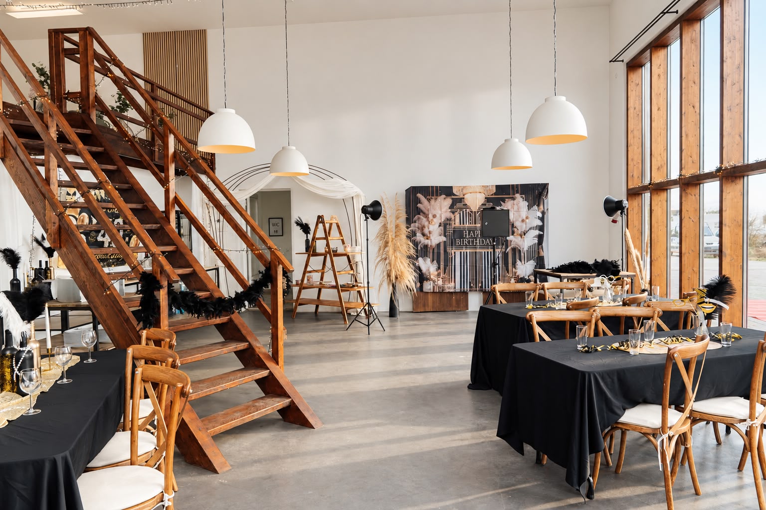 Festlich dekoriertes Loft mit Galerie-Treppe, langen Tafeln und großer Fensterfront