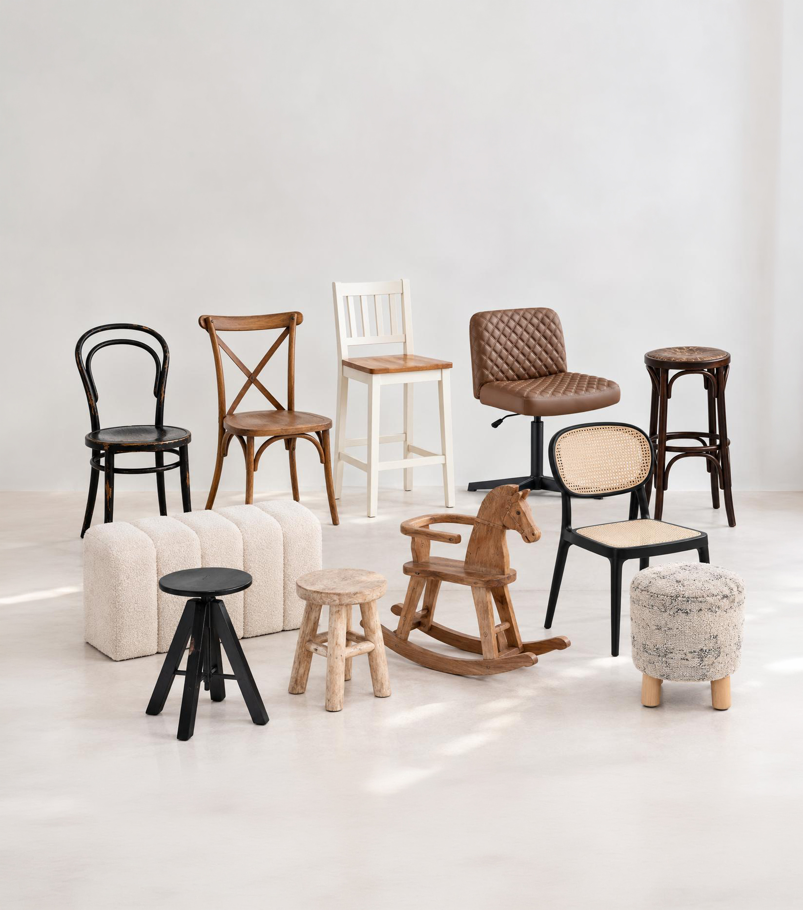 Auswahl verschiedener Stühle, Hocker und Sessel als Set-Ausstattung im Loft-Studio