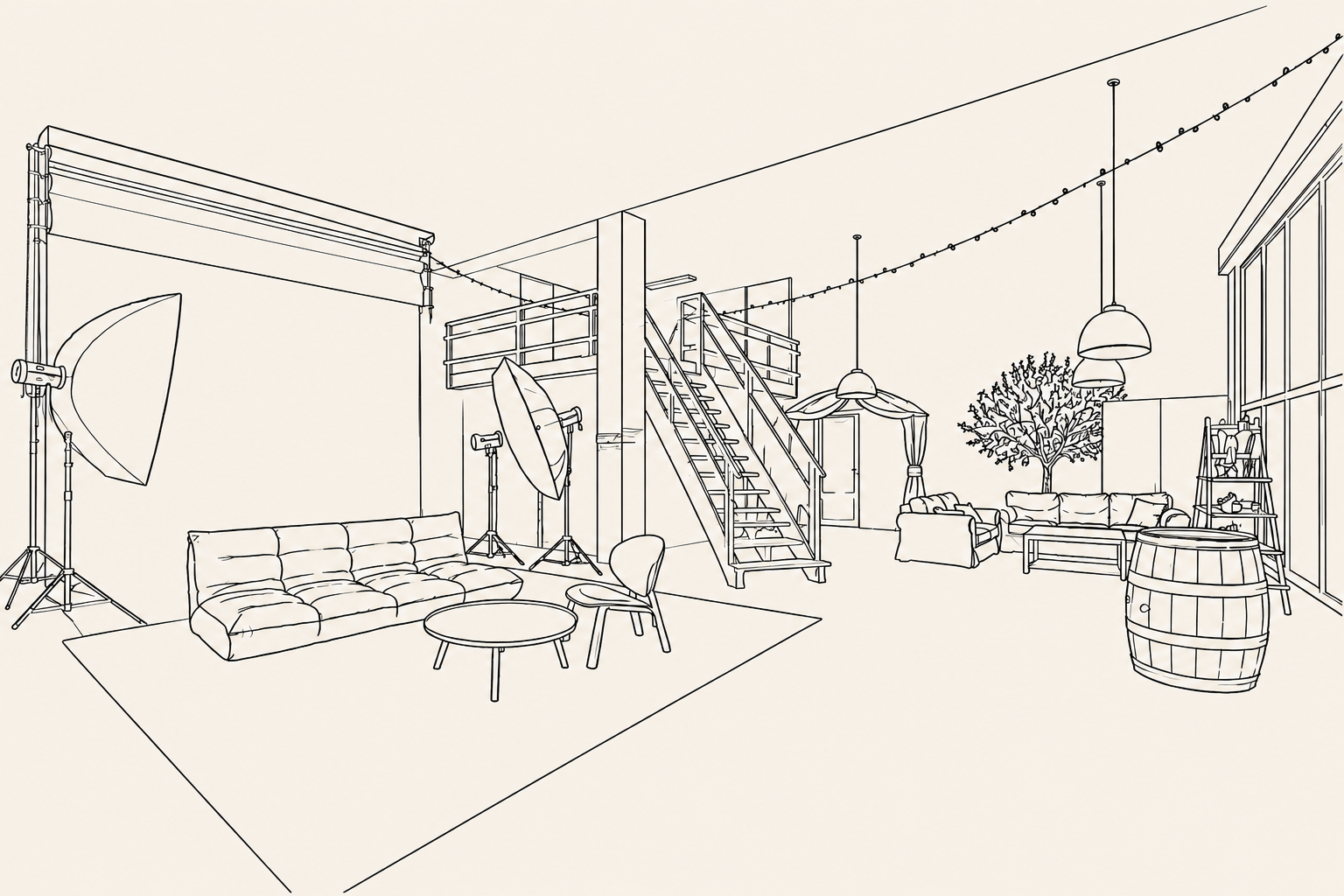 Studio-Ansicht des Loft-Mietstudios in Weißenthurm – Lichtequipment, Papier-Hintergründe, Sitzmöglichkeiten und Deko