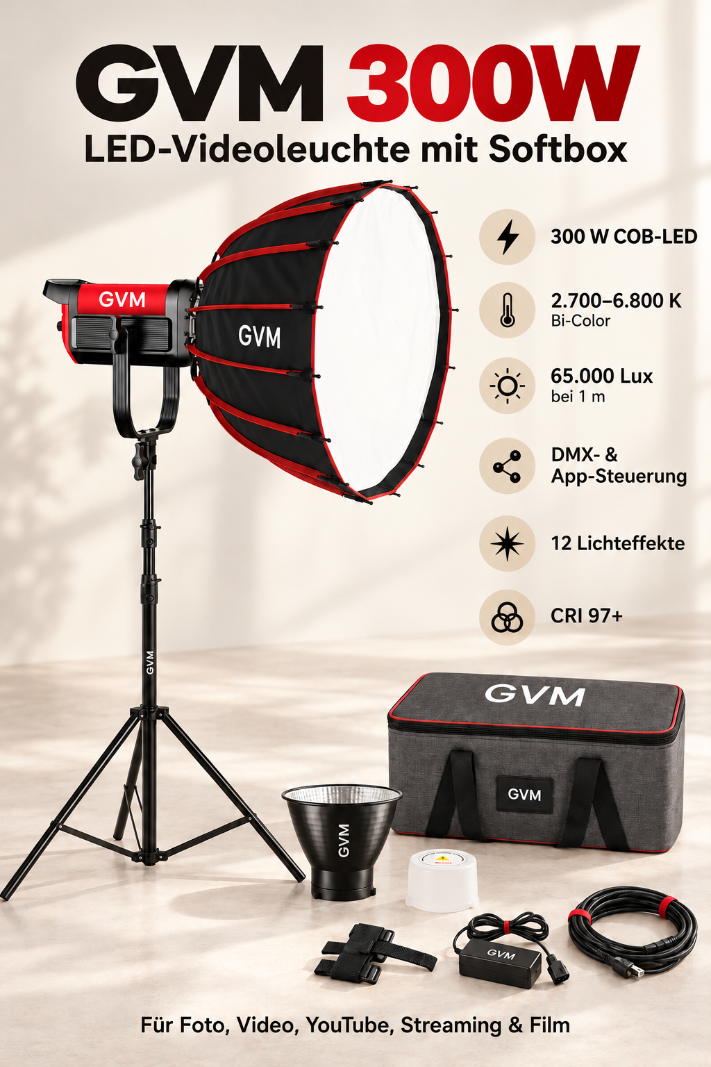 GVM 300W LED-Videoleuchte mit Softbox – Dauerlicht im Loft-Studio